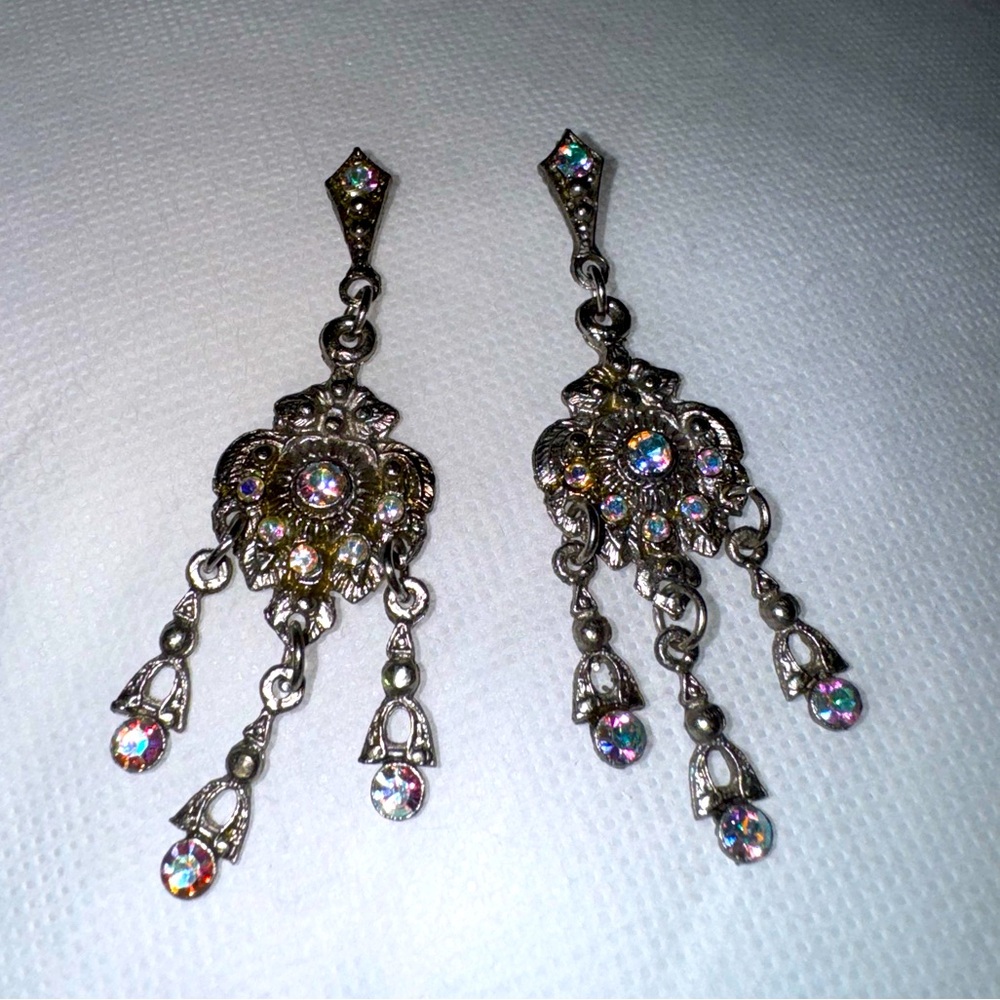 Vintage silver and iridescent gem dangle earrings